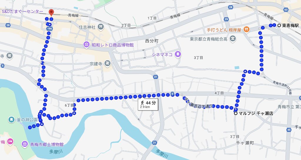 東青梅駅から釜の淵公園経由青梅駅への地図